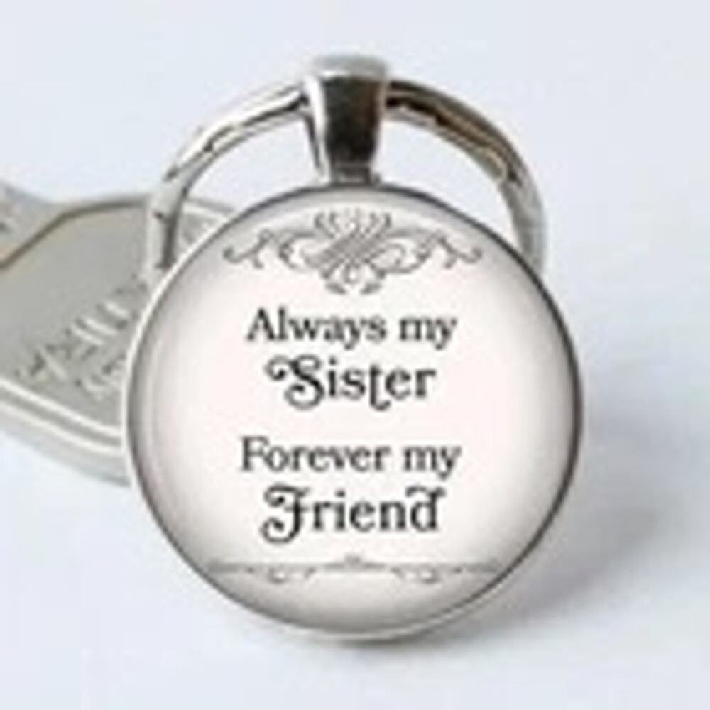 "Always My Sister" Silver-Tone Glass Cabochon Keychain
